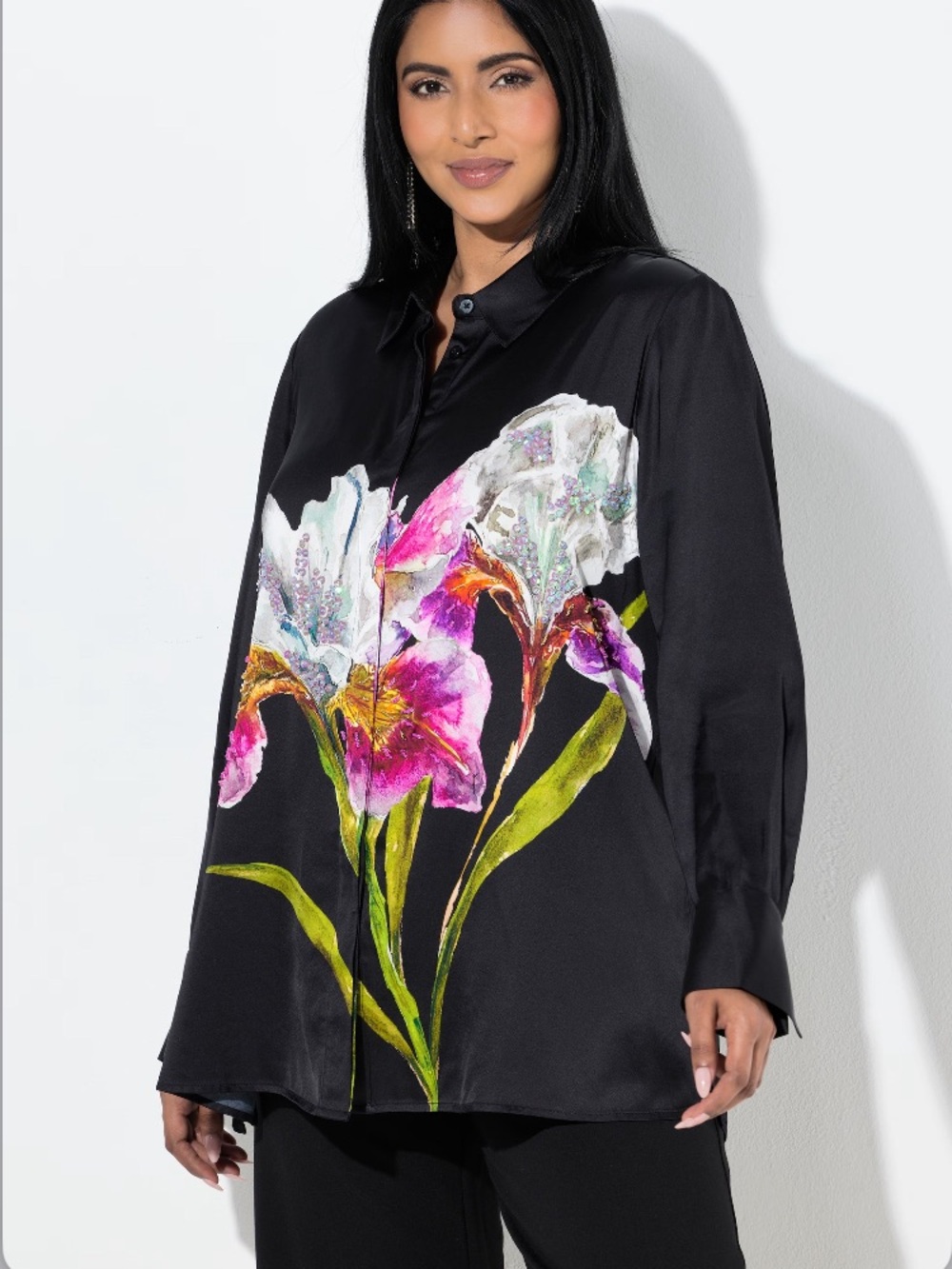 Ulla Popken Satin Floral Long Sleeve Button-Up Shirt Size 24/26
